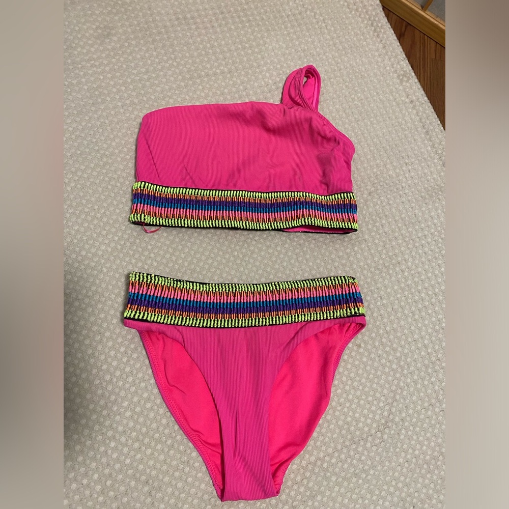 Peixoto Womens One Shoulder 2 Piece Bikini
Swim Suit Pink Ribbed Fabric Trim